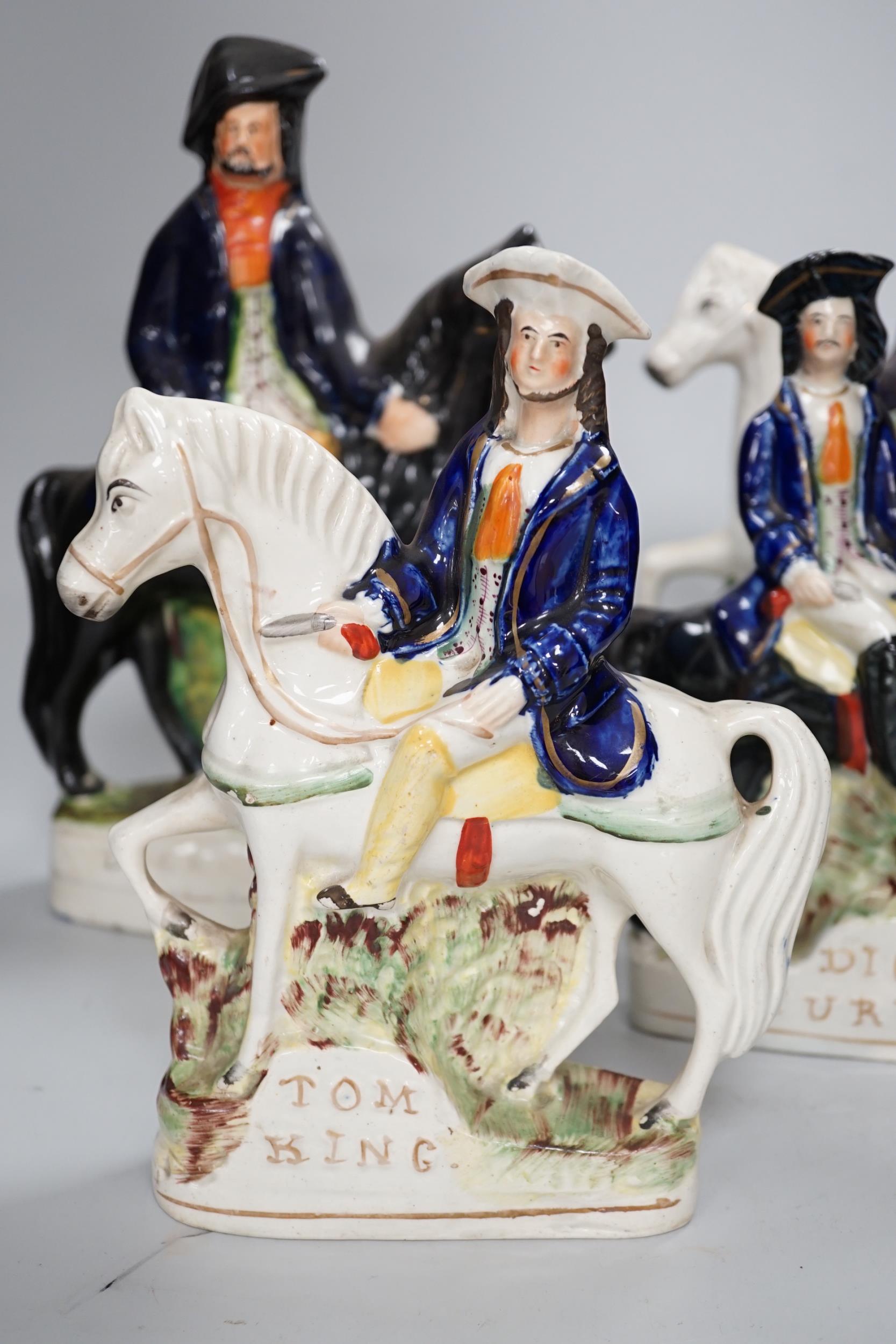 Four Staffordshire highwaymen figure groups of Tom King and Dick Turpin, the largest 30cm high - Image 3 of 7