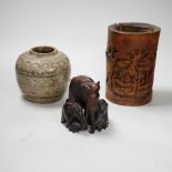 Assorted Chinese items including carved bamboo brush pot and jar, the largest 18cm high