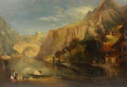19th century Continental School, oil on board, mountainous landscape with figures before a lake,