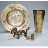 A Chinese engraved brass plate, large engraved beaker, koi fish and a dragon, the largest 24cm in