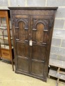 An 18th century style carved oak hall cupboard, width 97cm, depth 35cm, height 179cm