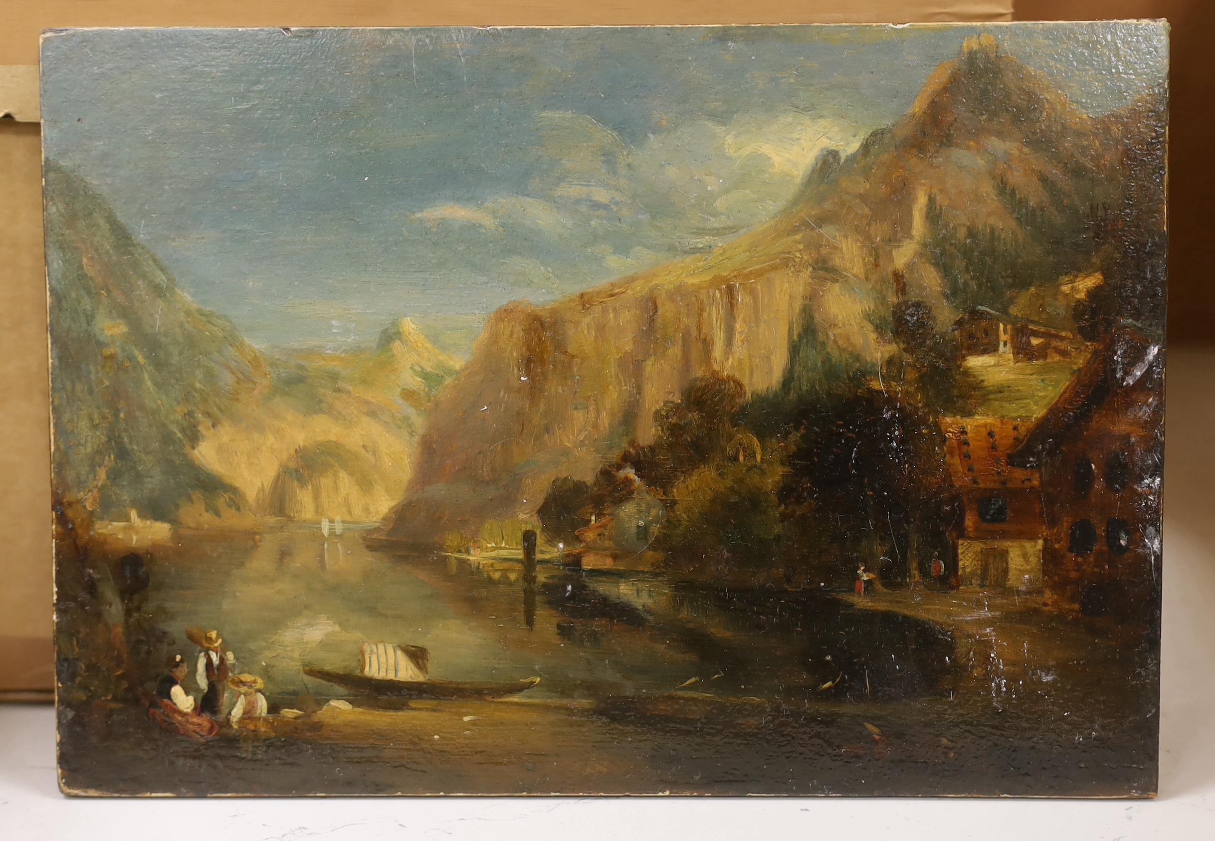 19th century Continental School, oil on board, mountainous landscape with figures before a lake, - Image 2 of 2