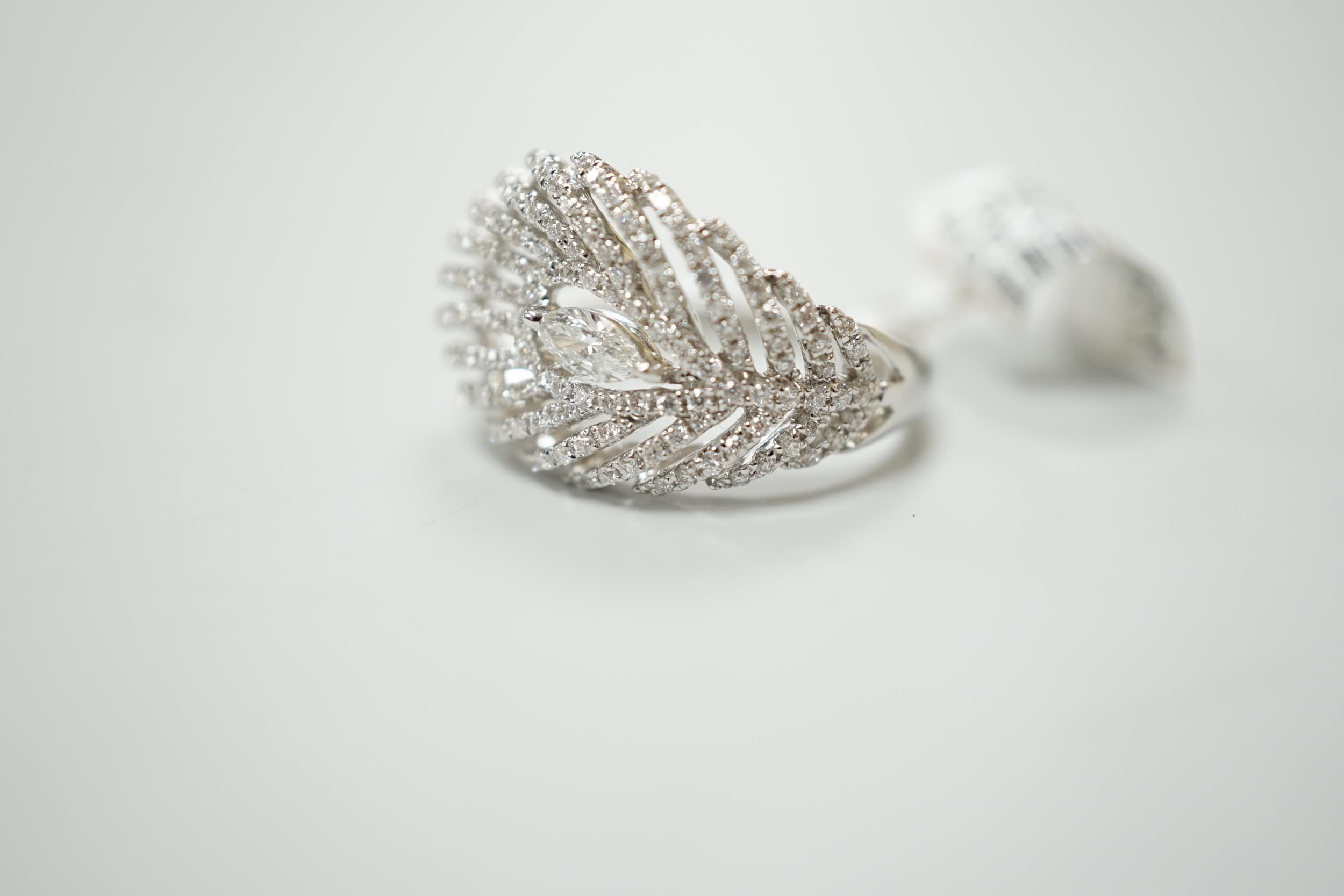 An 18ct white gold and diamond peacock feather design ring, size N - Image 2 of 3