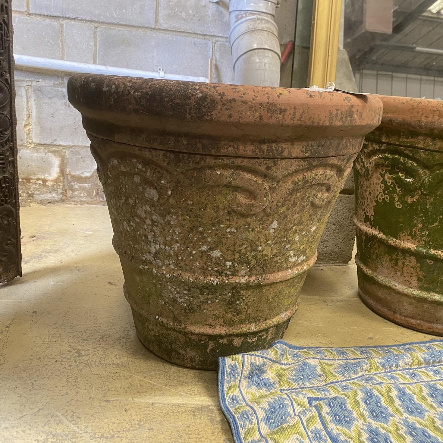 A pair of circular weathered terracotta garden planters, diameter 54cm, height 51cm - Image 2 of 3