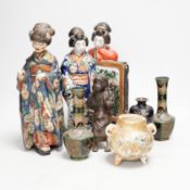 A collection of Japanese figures and three cloisonné enamel vases etc (7) including a Kutani group