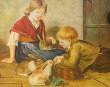 W.Hunt, oil on board, children with rabbits in an interior, 45 x 35cm