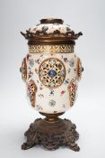 A Zsolnay pottery and gilt metal oil lamp base, 35cm