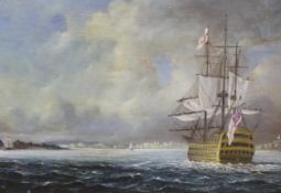 Maritime interest, oil on canvas, British Naval ship at sea, stamp verso, 48 x 33cm, unframed