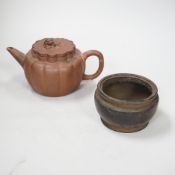 A Chinese Yixing teapot and a bronze censer, teapot 10 cm high