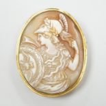 A gold mounted cameo brooch, carved with a classical warrior, 4.75cm