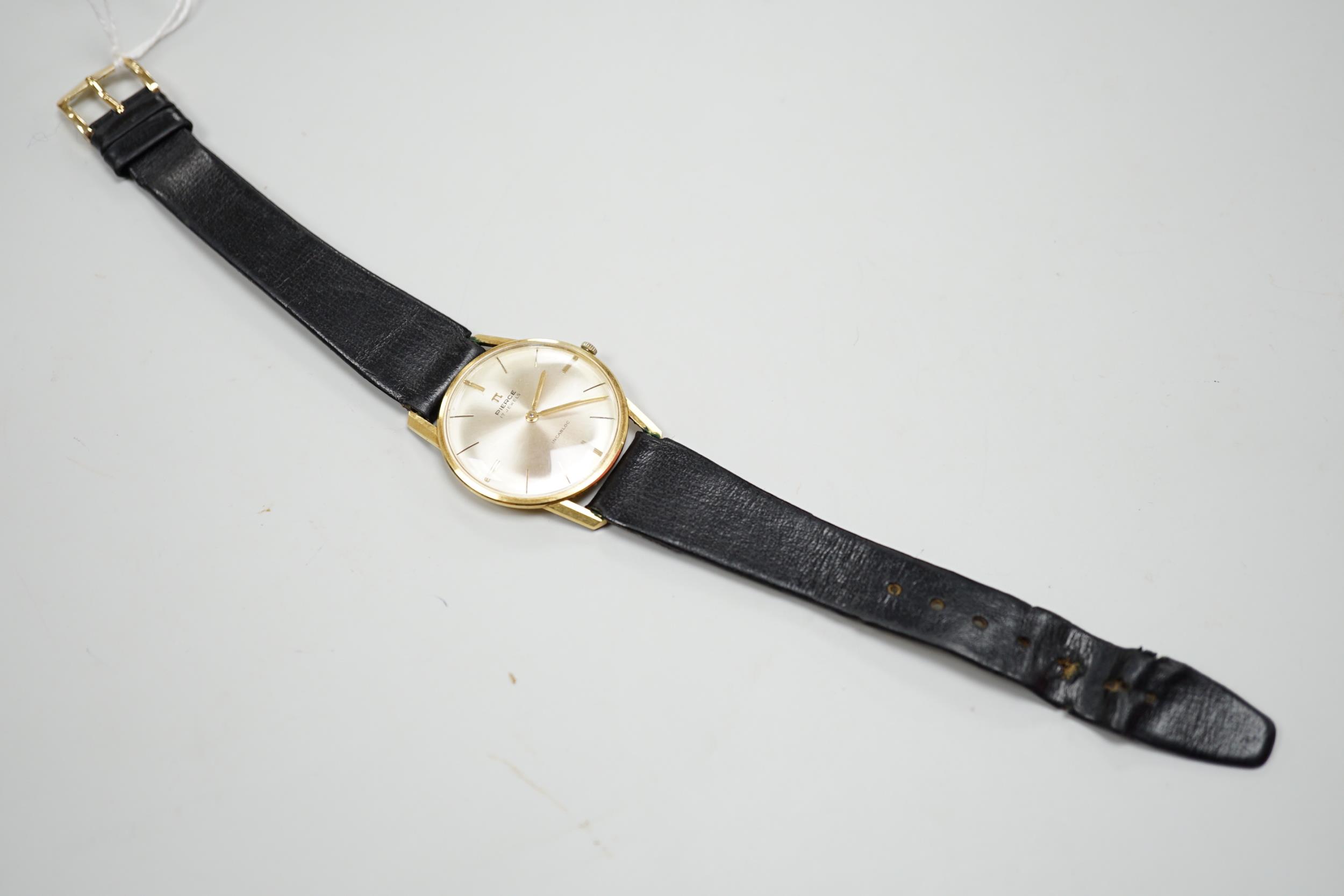 A gentleman's 18K Pierce Incabloc wrist watch, number 12175, with later black leather strap - Image 3 of 4
