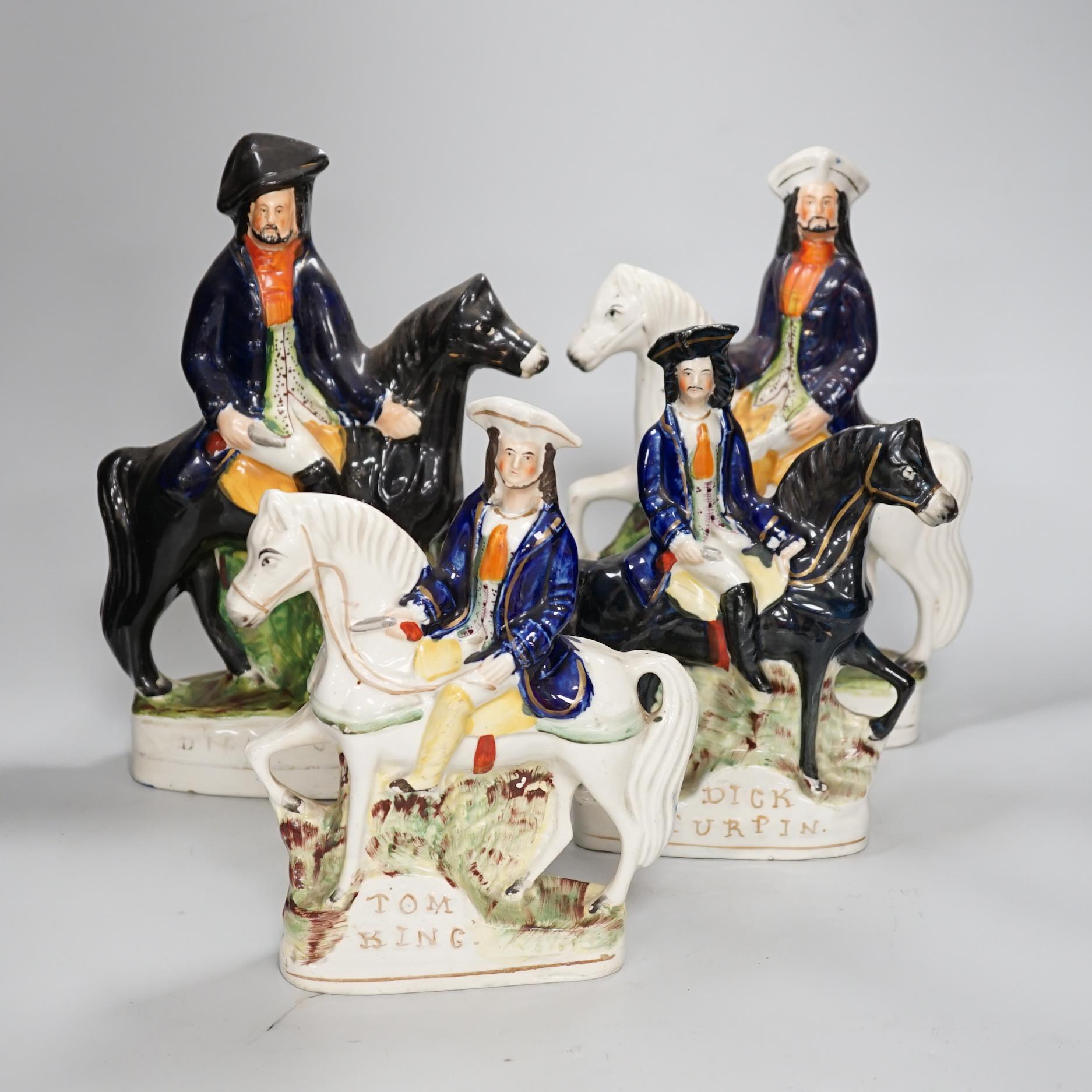 Four Staffordshire highwaymen figure groups of Tom King and Dick Turpin, the largest 30cm high