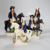 Four Staffordshire highwaymen figure groups of Tom King and Dick Turpin, the largest 30cm high