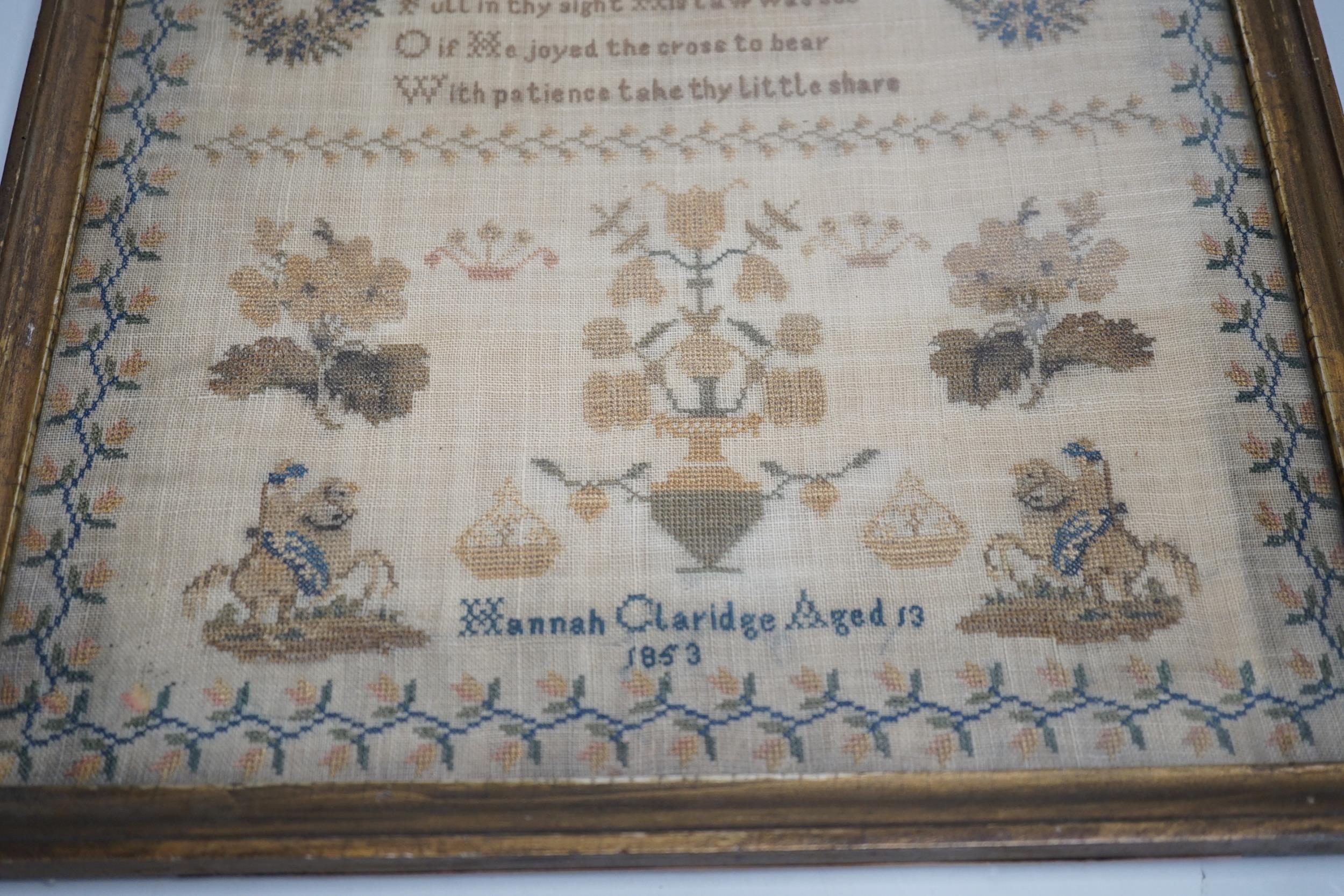 A mid 19th century framed sampler worked by Hannah Clarice, aged 13, 1853, embroidered with a - Image 4 of 4