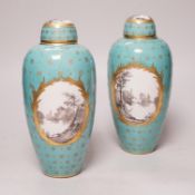 A pair of late 19th century Sevres style turquoise ground vases and covers, 24cm