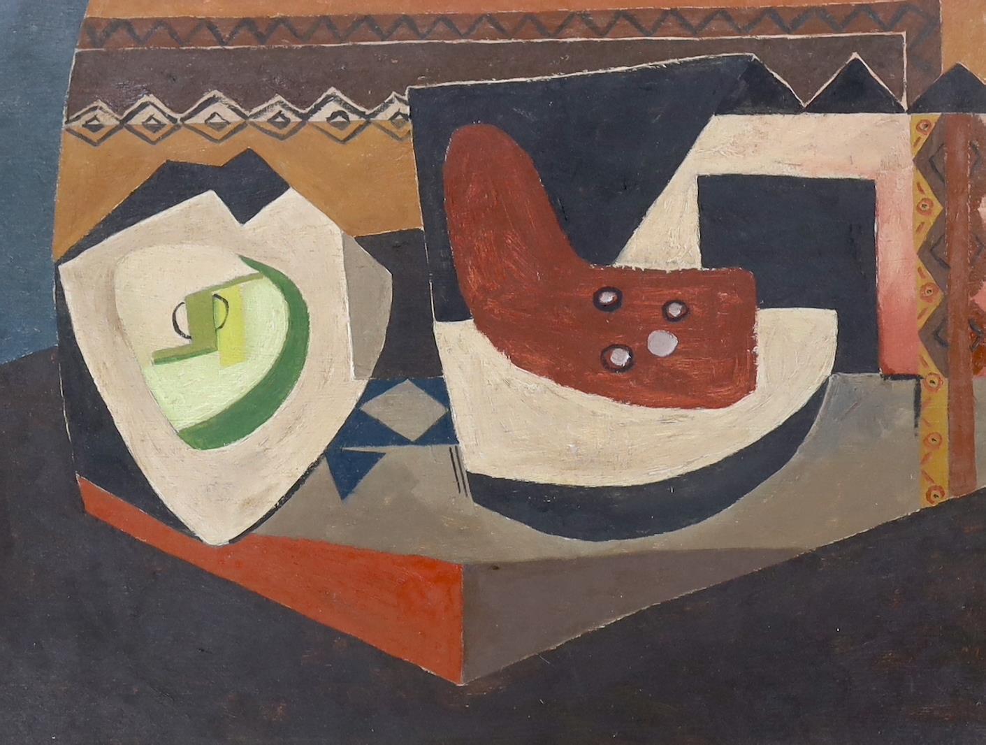 After Pablo Picasso, abstract oil on board, Geometric shapes and motifs, 44 x 34cm - Image 2 of 2