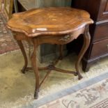 A 19th century French gilt metal mounted marquetry inlaid walnut oval centre table, width 78cm,