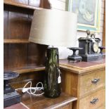 A pair of Whitefriars type green glass table lamps, 39cm high excluding light fitting
