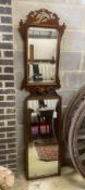 A George III style parcel gilt inlaid mahogany fret cut wall mirror, width 50cm, height 90cm