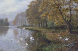 Henry Cooper, late 19th/early 20th century oil on canvas, Autumn landscape with birds on a lake,