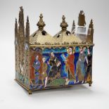 A late 19th century replica of a medieval brass and champleve enamel reliquary casket, 21.5cm high x