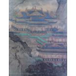 A Chinese colour print of figures and pagodas, 77 x 60cm