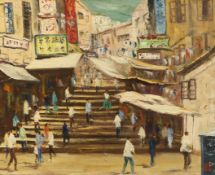 20th century Chinese School, oil on canvas, Market street scene with figures, 51 x 41cm, unframed
