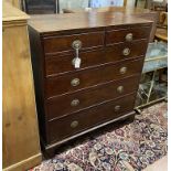 A George III satinwood string mahogany six drawer chest, width 98cm, depth 49cm, height 109cm