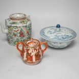 Assorted Chinese and Japanese ceramics including a Kutani jar and cover and a floral teapot, the