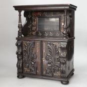 A mid 19th Anglo-Ceylonese ebony and bone inlaid writing box modelled as a parlour cabinet, 29.5cm
