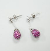 A pair of 18ct white gold ruby and diamond set drop earrings, 2.7cm, gross 5.5 grams