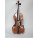 A Saxony violin, interior label reads ‘Sebastian Lloz An 1700’, back measures 36cm