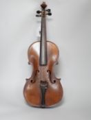 A Saxony violin, interior label reads ‘Sebastian Lloz An 1700’, back measures 36cm