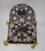 A Berlin-type late 19th century cushion and tea cosy with floral beadwork embroidery, the largest