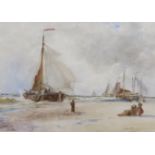 Thomas Bush Hardy (1842-1897) watercolour, coastal landscape with boats and fishermen, signed,