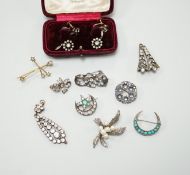 A group of mainly paste set jewellery including a pair of 9ct gold, silver and paste drop earrings
