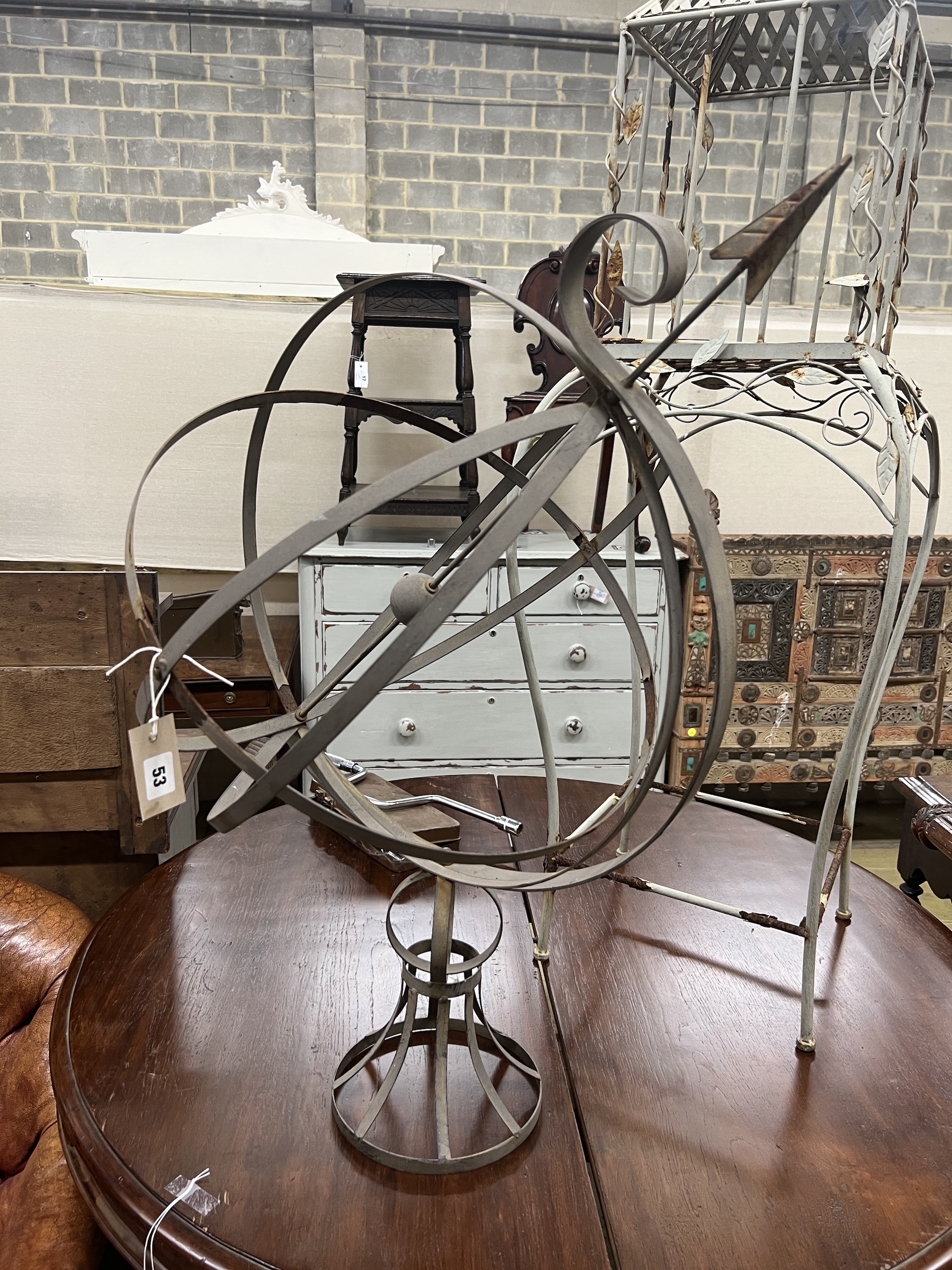 A painted metal armillary sphere, height 84cm together with a lantern - Image 2 of 3