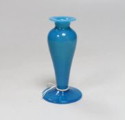 A miniature opaline turquoise blue glass vase c1840, slightly translucent and of a classic elongated
