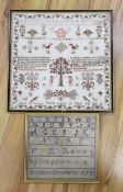 Two 19th century samplers comprising Adam and Eve worked by Ann Sturdye, 1826 and an alphabet