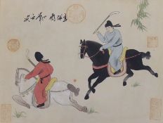 Chinese School, woodblock print, Polo players on horseback, 38 x 29cm