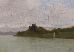 Edwardian School, oil on canvas, River scene with castle, monogram DM and dated 1902, 34 x 24cm