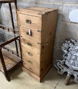 A military style brass mounted pine six drawer tall chest, width 38cm, depth 38cm, height 108cm