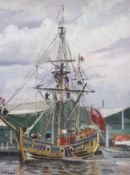 John Deller, modern British oil on board, Moored rigged boat, signed, 39 x 29cm