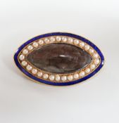 A Regency gold, enamel and split pearl brooch, of elliptical form with hairwork panel and monogram