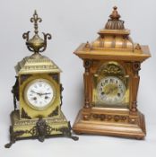 A late 19th century French brass mantle clock and another