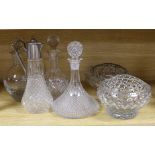 Two cut glass claret jugs, a decanter, ships decanter and two footed bowls (6)