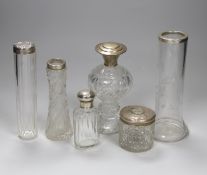 Two silver rimmed cut glass vases, a sterling mounted cut glass scent bottle and three assorted