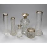 Two silver rimmed cut glass vases, a sterling mounted cut glass scent bottle and three assorted