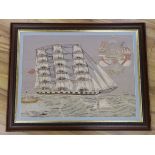 A large framed Victorian woolwork study of a ship, 79x100cm including frame