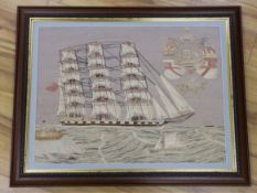 A large framed Victorian woolwork study of a ship, 79x100cm including frame